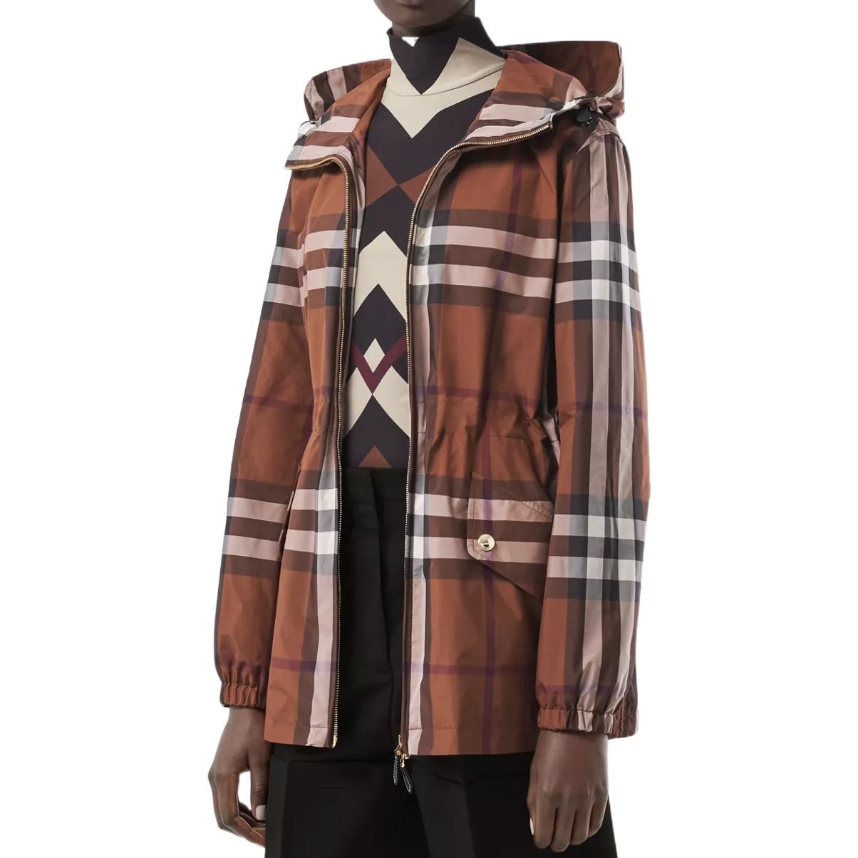 Shop (Women) Burberry FW22  Brown Check Print Zip-Up Loose Fit Hooded Jacket 80554411