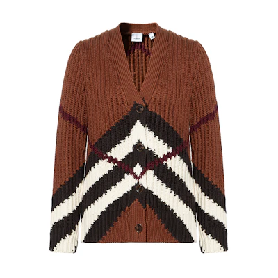 (Women) Burberry FW22 Brown Colorblock Striped Knit Cardigan Jacket Top. 80557301