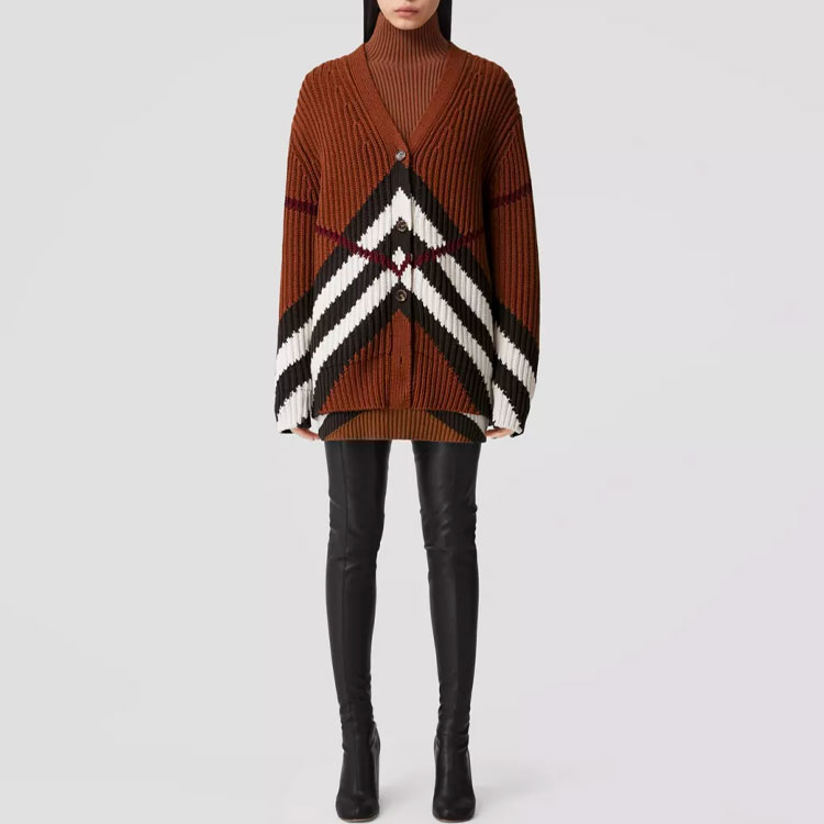Lookbook (Women) Burberry FW22  Brown Colorblock Striped Knit Cardigan Jacket Top. 80557301