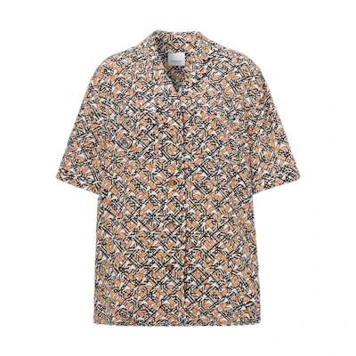 (Women) Burberry FW22 Brown Silk Short Sleeve Shirt with Monogram Print. 80572121