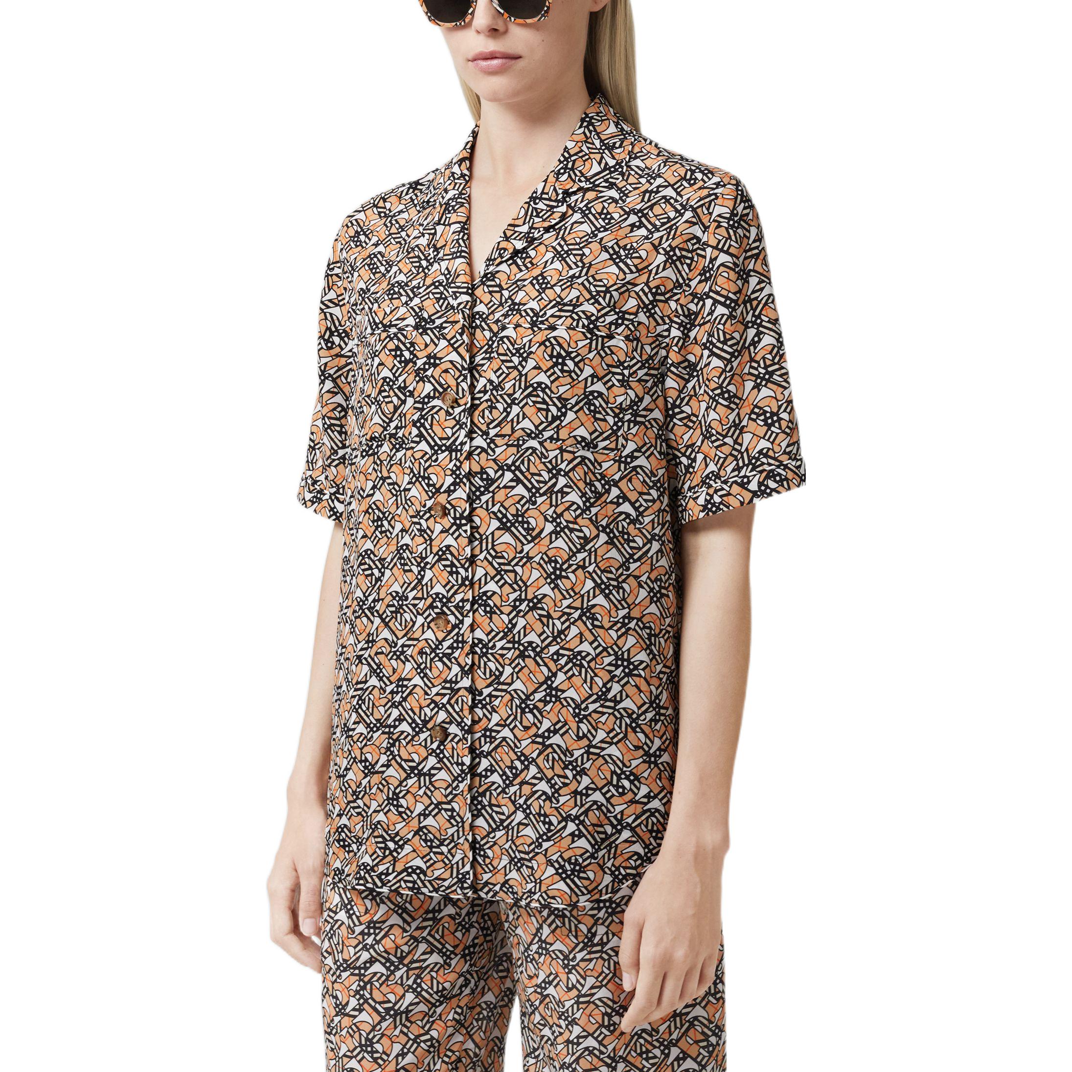 (Women) Burberry FW22  Brown Silk Short Sleeve Shirt with Monogram Print. 80572121 圖 3