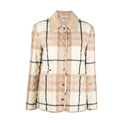 (Women) Burberry FW22 Check Button-Down Cotton Jacket in Khaki. 80554381