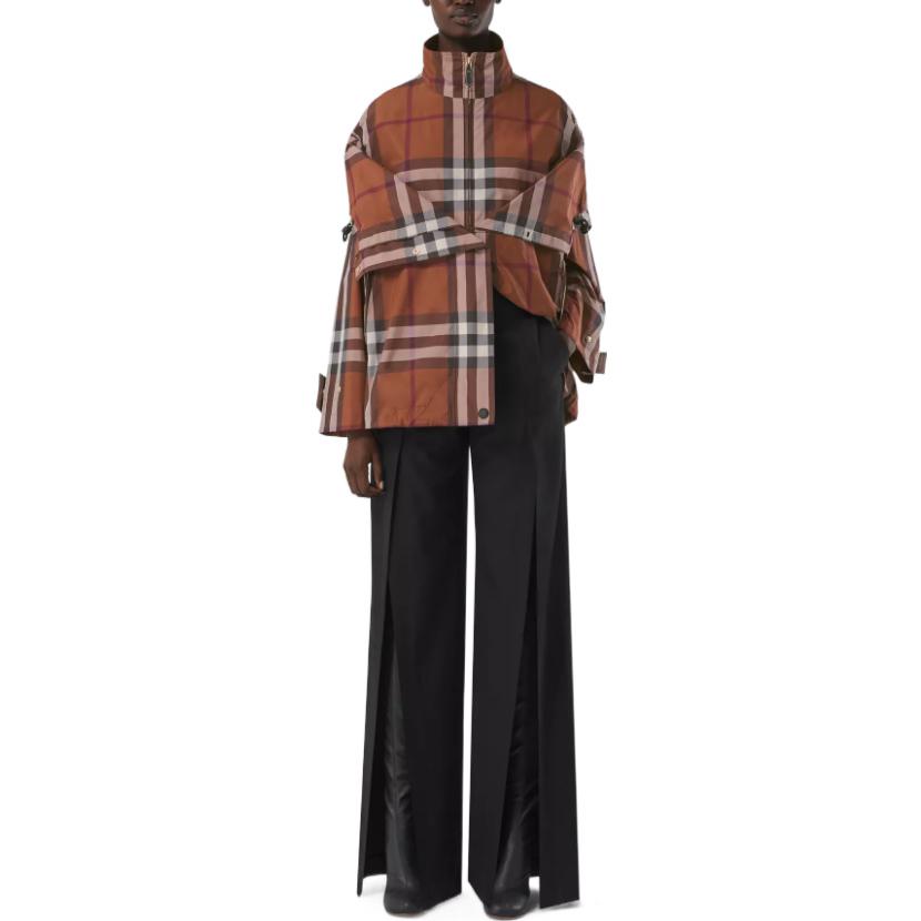 Shop (W) バーバリー FW22 チェック レイヤード スタンドカラー ジップ フーディ ジャケット ブラウン 80573181