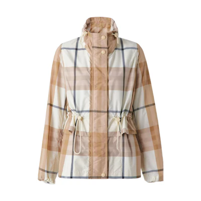 (Women) Burberry FW22 Check Nylon Funnel Neck Jacket Off White. 80552661