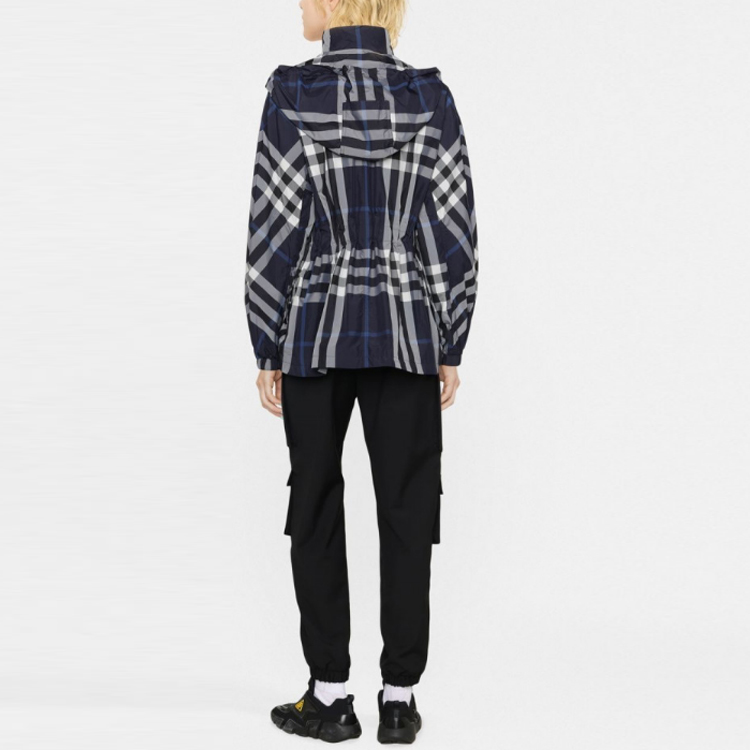 Shop (W) バーバリー FW22 チェック柄 ハイネック フーディ ジャケット ブルー 80582151