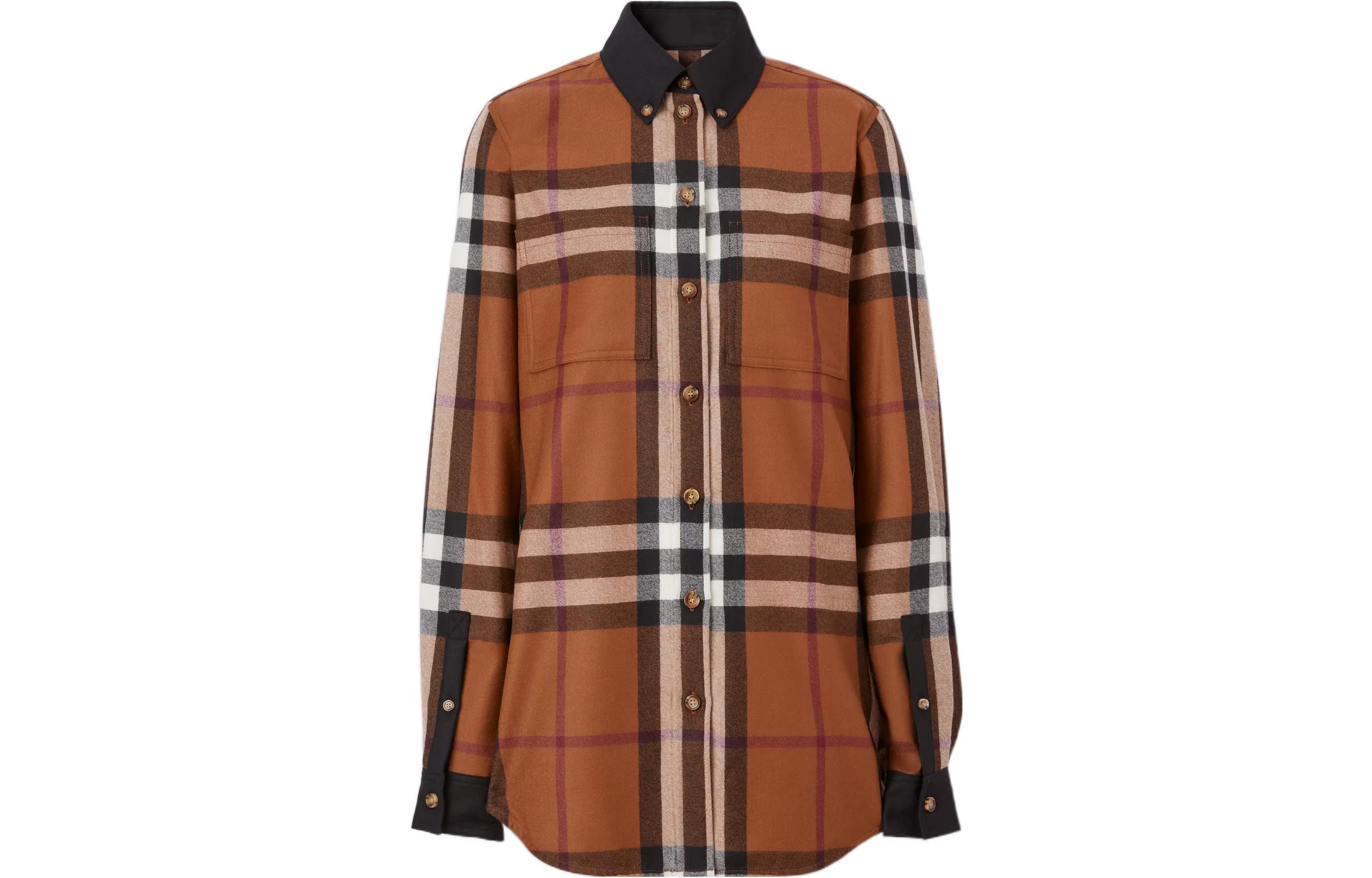 (Women) Burberry FW22  Check Single-Breasted Long-Sleeve Shirt Birch Brown 80629961
