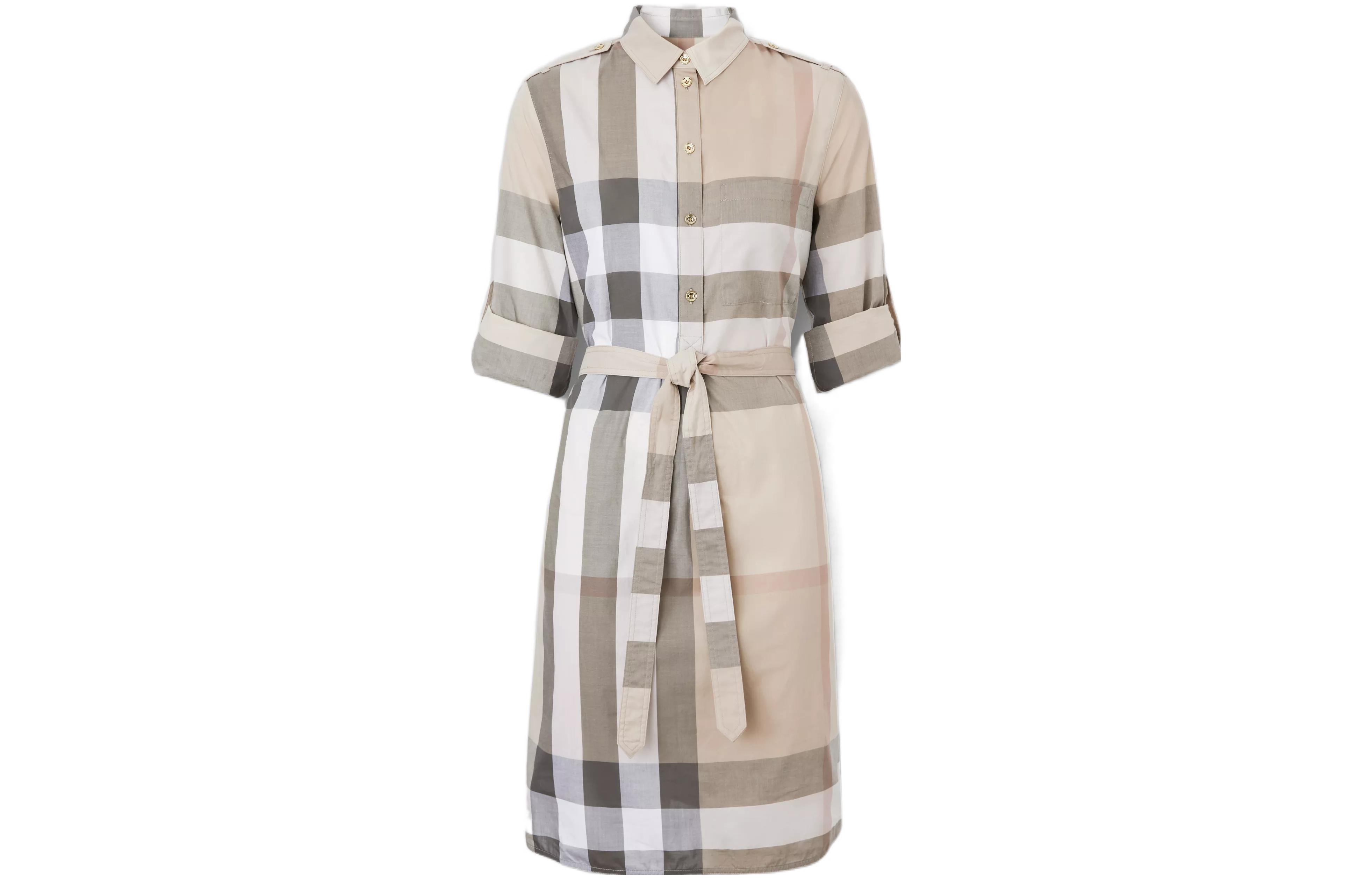 (Women) Burberry FW22  Checkered Button-Up Long-Sleeve Midi Dress Light Beige. 80652141