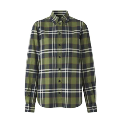 (Women) Burberry FW22 Checkered Collar Long Sleeve Shirt Dark Olive Green 80568581