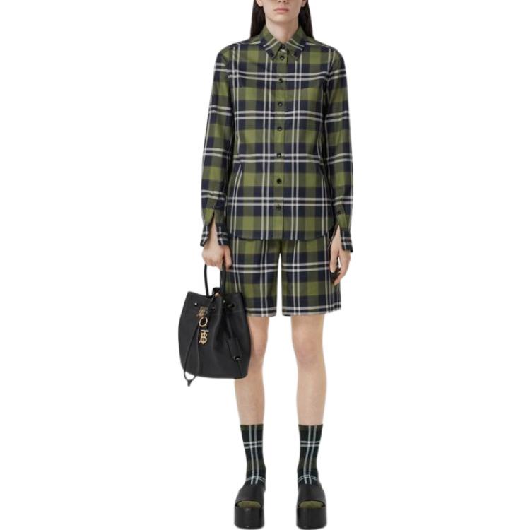 (Women) Burberry FW22  Checkered Collar Long Sleeve Shirt Dark Olive Green 80568581 圖 3