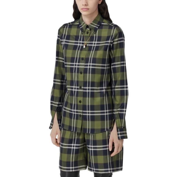 (Women) Burberry FW22  Checkered Collar Long Sleeve Shirt Dark Olive Green 80568581 圖 5