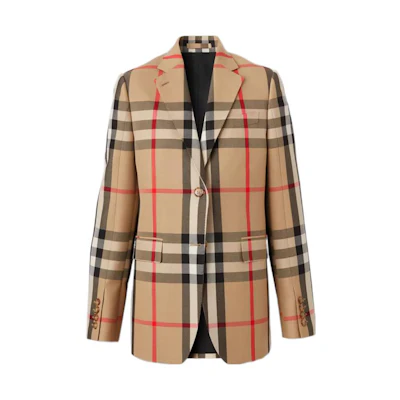 (Women) Burberry FW22 Checkered Notch-Lapel Single-Breasted Blazer Khaki. 80632411