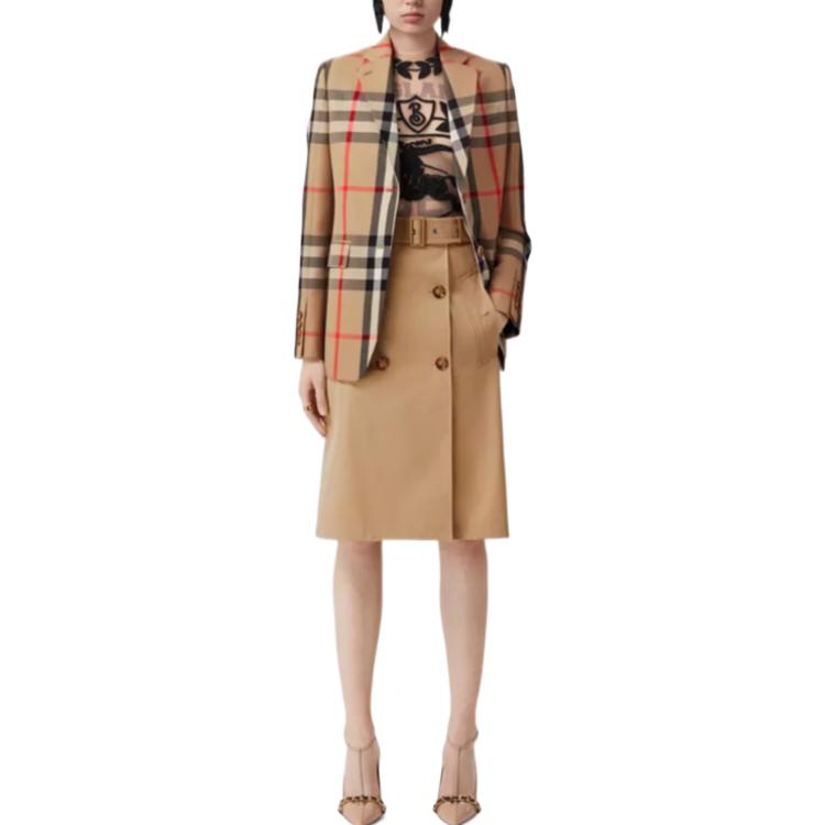 Shop (W) Burberry FW22 Blazer Khaki Kotak-Kotak Single-Breasted Notch-Lapel. 80632411