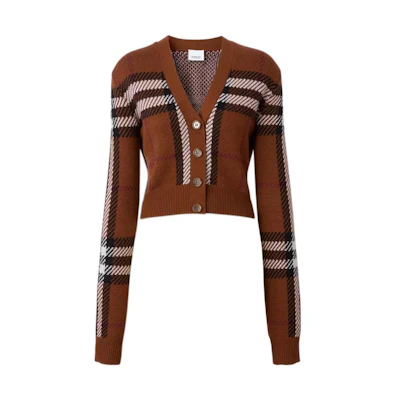 (Women) Burberry FW22 Checkered V-Neck Button-Up Short Cardigan Birch Brown. 80632191