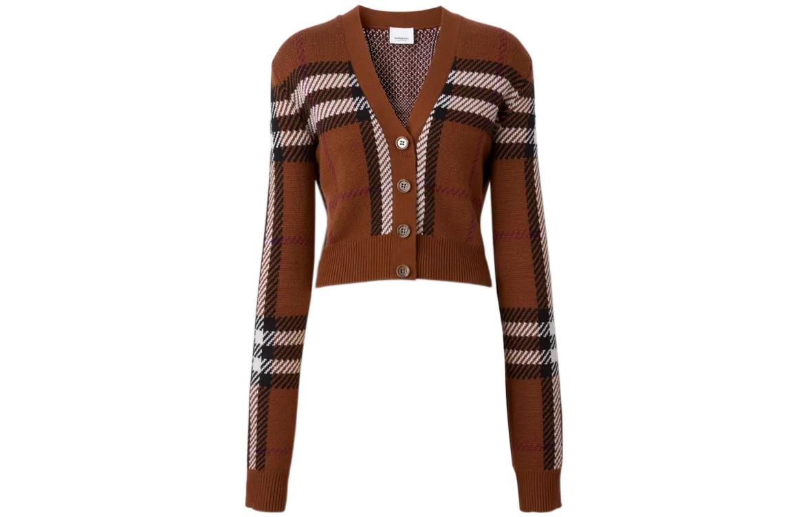 Order (Women) Burberry FW22  Checkered V-Neck Button-Up Short Cardigan Birch Brown. 80632191