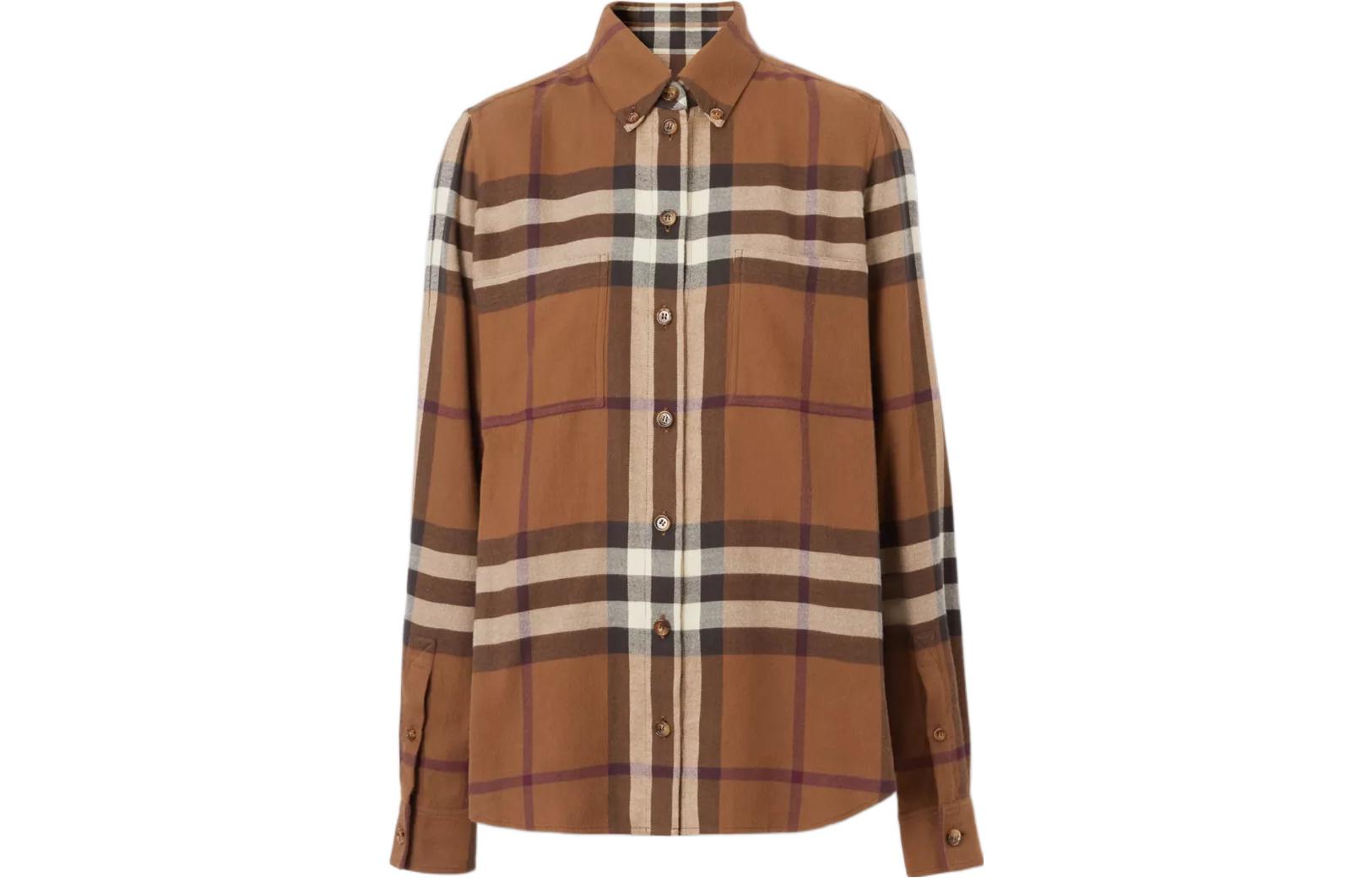 (Women) Burberry FW22  Colorblock Checkered Long Sleeve Shirt Brown 80622841
