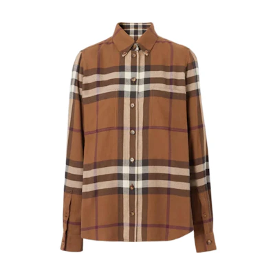 (Women) Burberry FW22 Colorblock Checkered Long Sleeve Shirt Brown 80622841