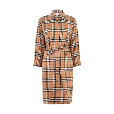 (Women) Burberry FW22 Colorblock Plaid Long Sleeve Shirt Dress - Antique Yellow 80686851
