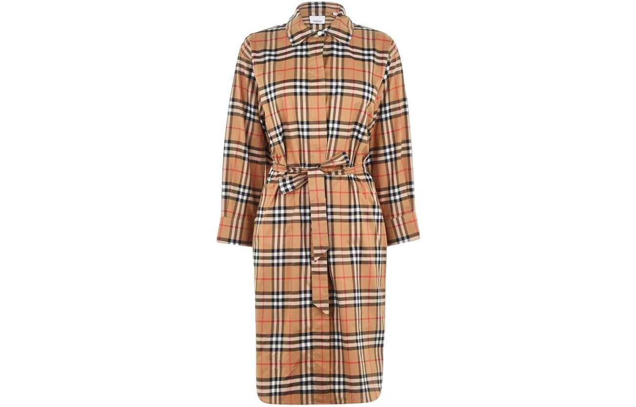 Order (W) Burberry FW22 Vestido Camisa de Cuadros Colorblock Manga Larga - Amarillo Antiguo 80686851