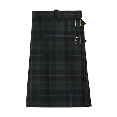 (Women) Burberry FW22 Green Plaid Midi Skirt with Side Buckle Detail 80618981