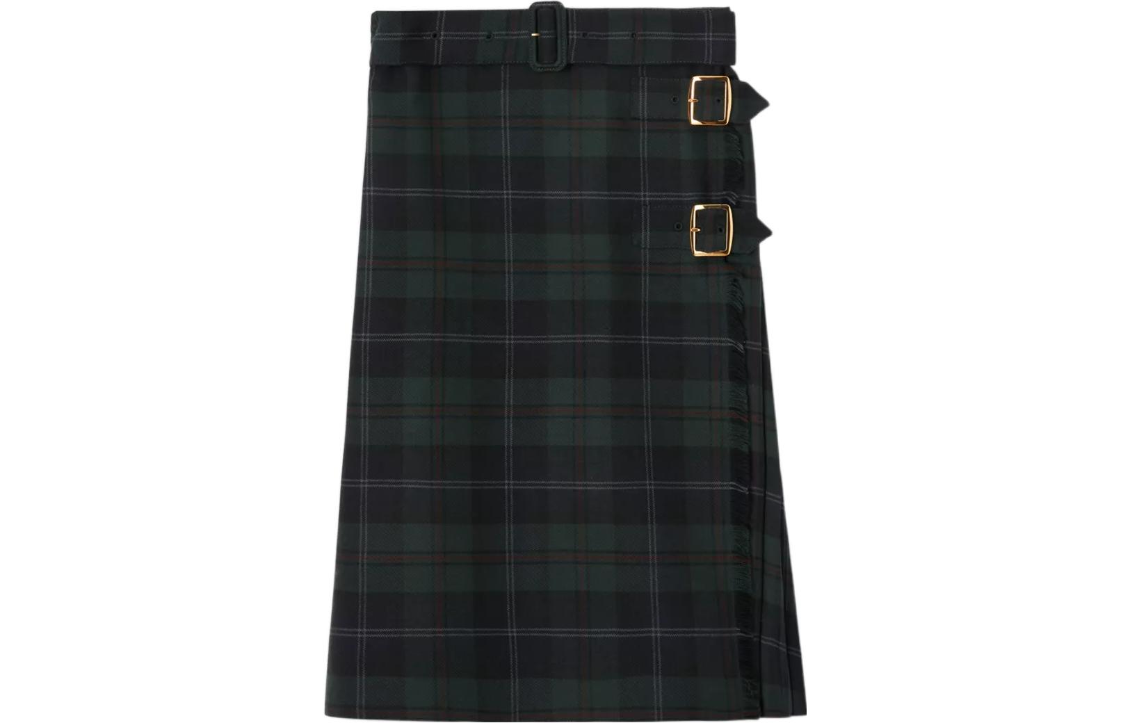 Order (W) Burberry FW22 Rok Midi Kotak Hijau dengan Detail Gesper Samping. 80618981