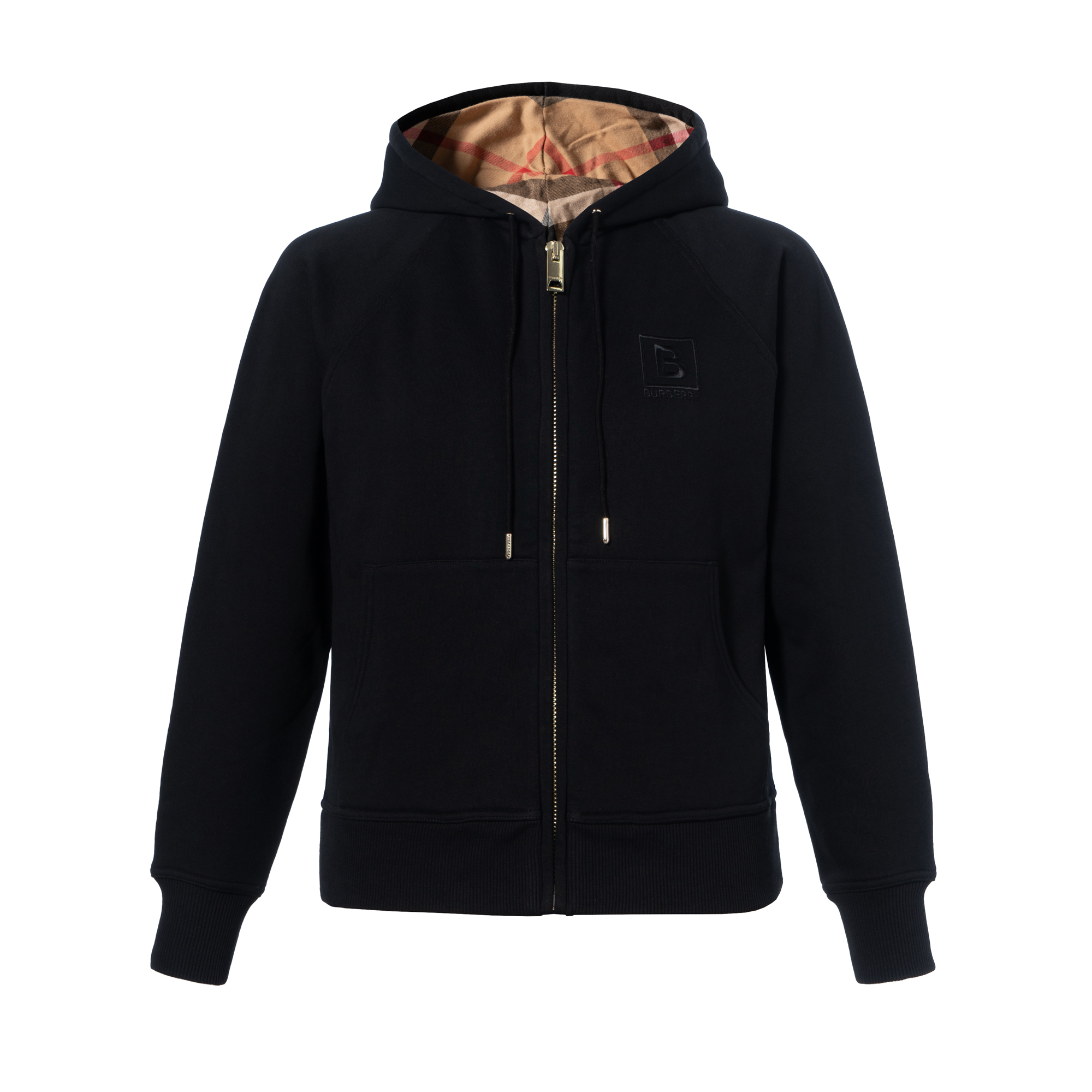 Buy (Women) Burberry FW22  Hoodie Black - Solid Color, Plaid Lining, Zip & Drawstring. 80615541