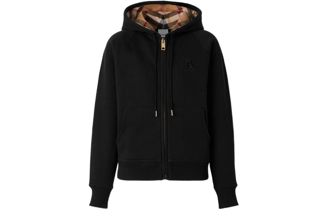 Order (Women) Burberry FW22  Hoodie Black - Solid Color, Plaid Lining, Zip & Drawstring. 80615541