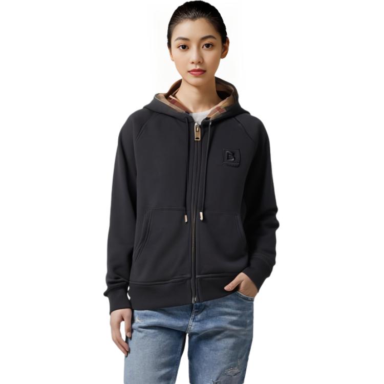 Shop (Women) Burberry FW22  Hoodie Black - Solid Color, Plaid Lining, Zip & Drawstring. 80615541