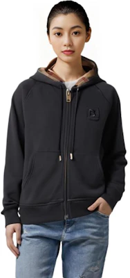 (Women) Burberry FW22 Hoodie Black - Solid Color, Plaid Lining, Zip & Drawstring. 80615541 Shop (Women) Burberry FW22 Hoodie Black - Solid Color, Plaid Lining, Zip & Drawstring. 80615541