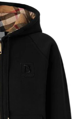 (Women) Burberry FW22 Hoodie Black - Solid Color, Plaid Lining, Zip & Drawstring. 80615541 Details for (Women) Burberry FW22 Hoodie Black - Solid Color, Plaid Lining, Zip & Drawstring. 80615541