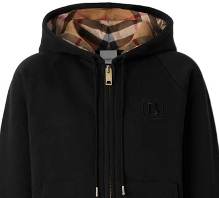 (Women) Burberry FW22 Hoodie Black - Solid Color, Plaid Lining, Zip & Drawstring. 80615541 2