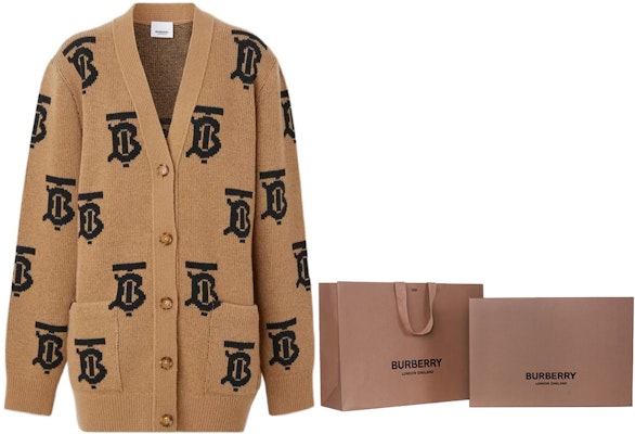 (Women) Burberry FW22 Logo V-Neck Wool Cardigan Beige 80632081 1