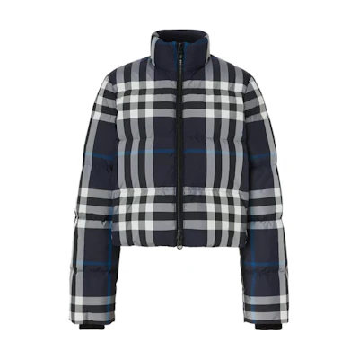 (Women) Burberry FW22 Logo Zip Plaid Short Down Jacket Navy Blue. 80578421