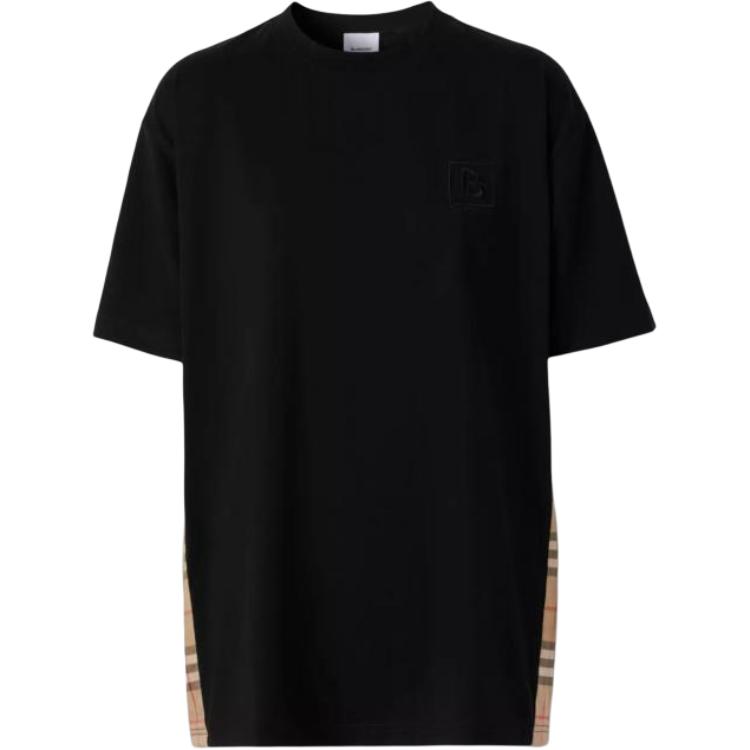 Order (W) Burberry FW22 Baju T-Shirt Loose Fit Check Panel Crew Neck Hitam. 80615521