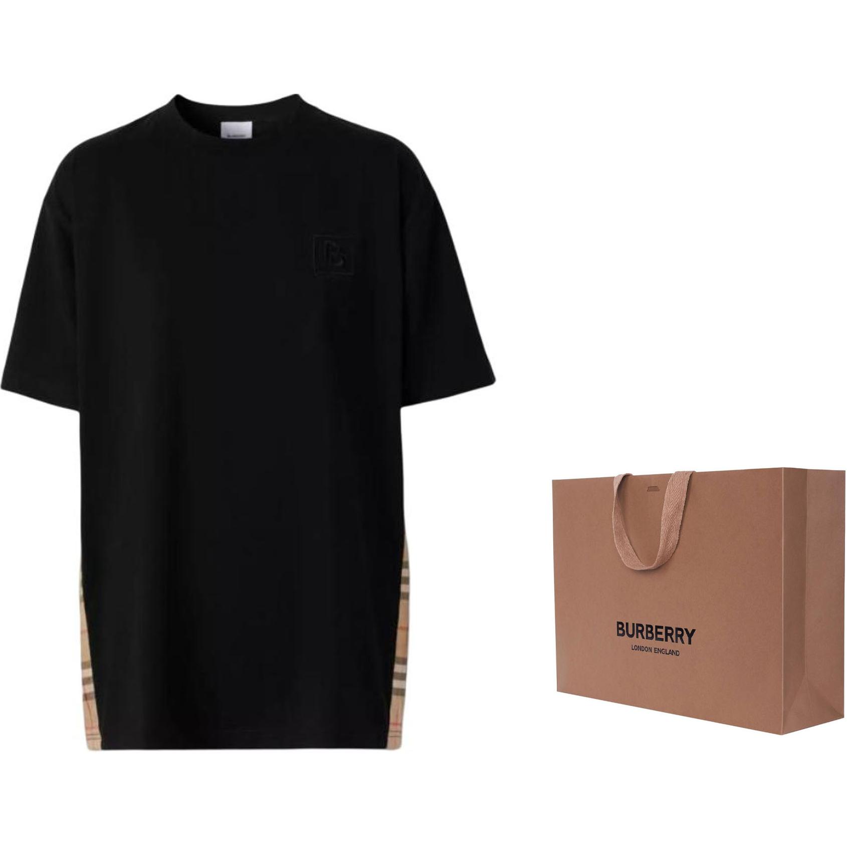 Shop (W) Burberry FW22 Baju T-Shirt Loose Fit Check Panel Crew Neck Hitam. 80615521