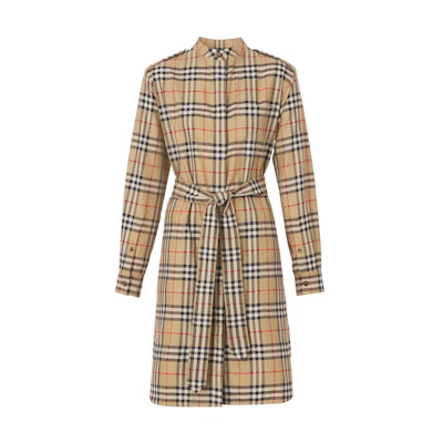 (Women) Burberry FW22 Plaid Spliced Long Sleeve Shirt Dress Khaki. 80574411