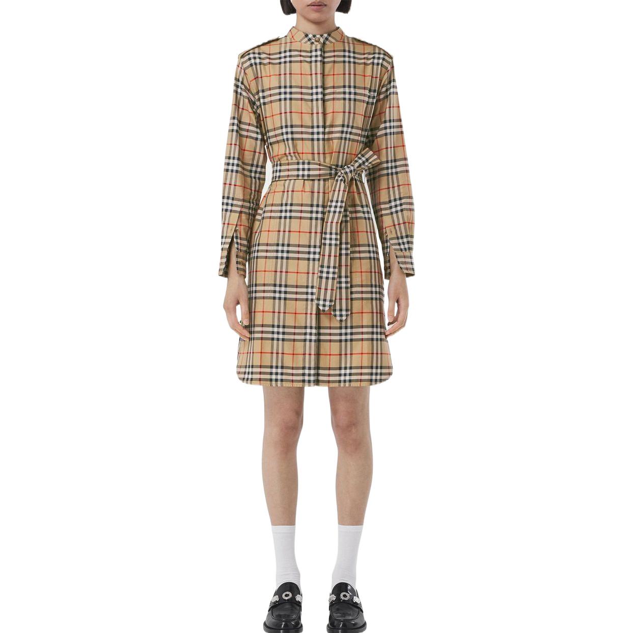 (Women) Burberry FW22  Plaid Spliced Long Sleeve Shirt Dress Khaki. 80574411 圖 4