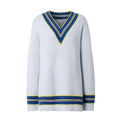 (Women) Burberry FW22 Striped Color-Block V-Neck Knit Sweater Blue. 80397631
