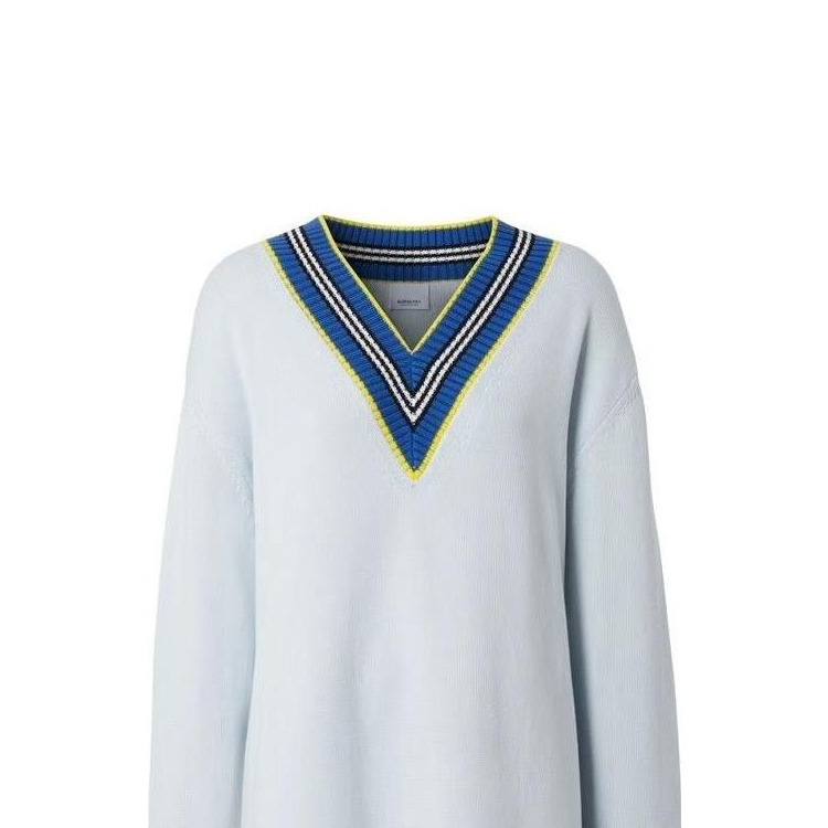 Purchase (Women) Burberry FW22  Striped Color-Block V-Neck Knit Sweater Blue. 80397631