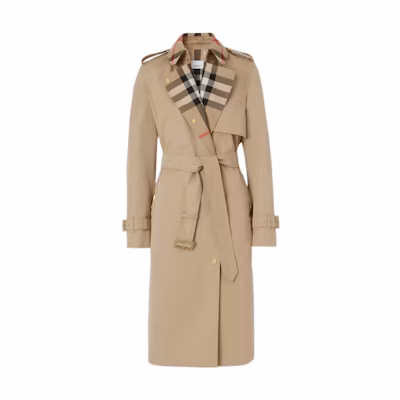 (Women) Burberry FW22 Trench Coat with Belt and Check Collar in Khaki. 80607351