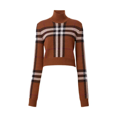 (Women) Burberry FW22 Turtleneck Check Knit Sweater Birch Brown Short Style. 80632211