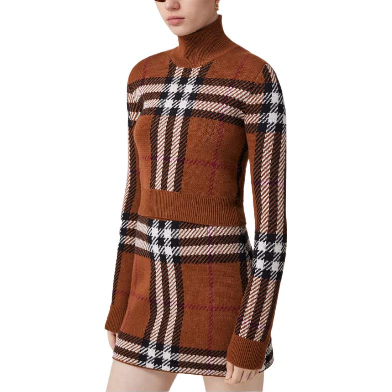 (Women) Burberry FW22  Turtleneck Check Knit Sweater Birch Brown Short Style. 80632211 圖 5