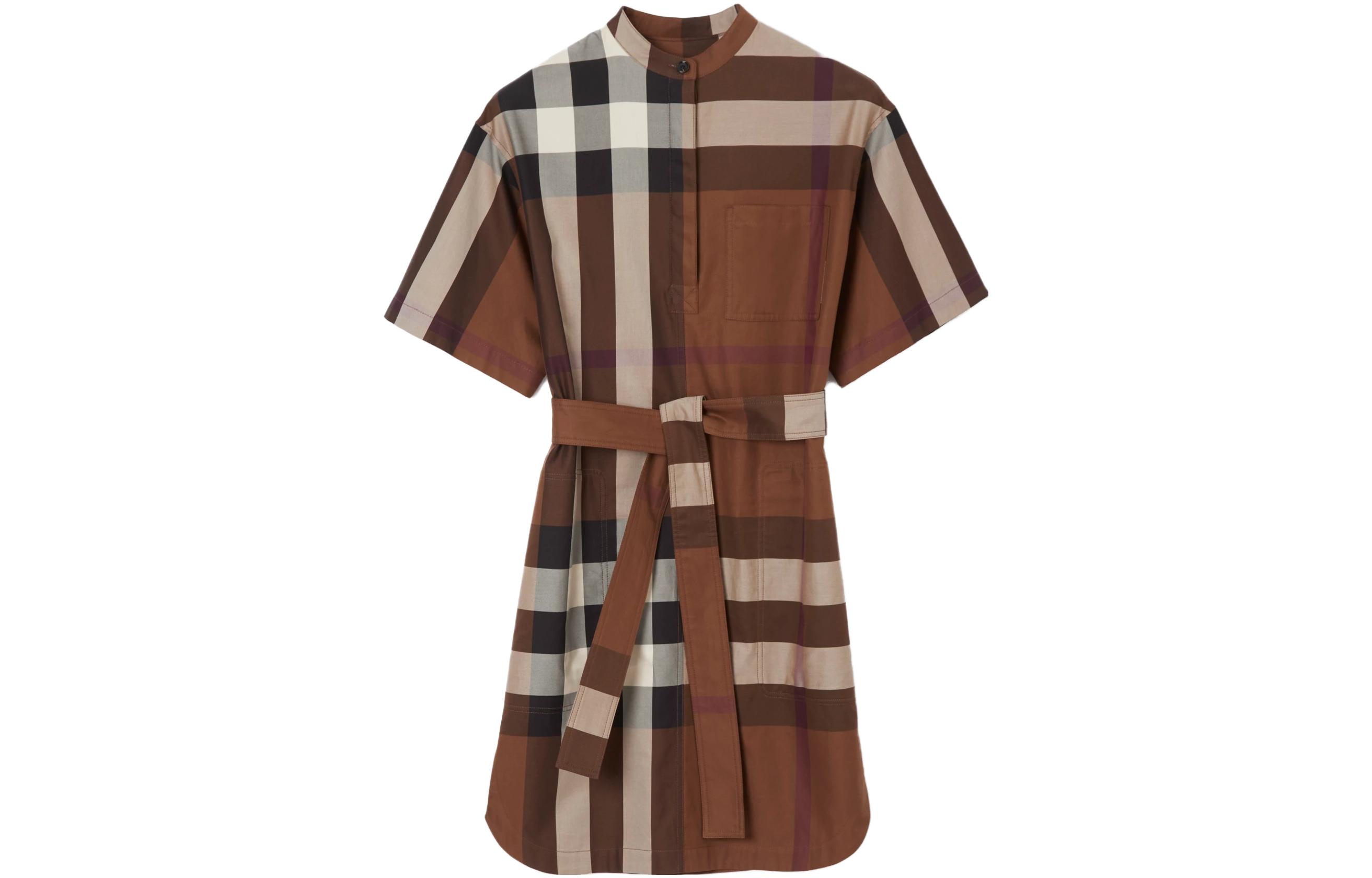 (Women) Burberry FW22 Check Tie Waist Short Sleeve Dress  Khaki Color. 80711091