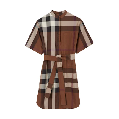 (Women) Burberry FW22 Check Tie Waist Short Sleeve Dress Khaki Color. 80711091
