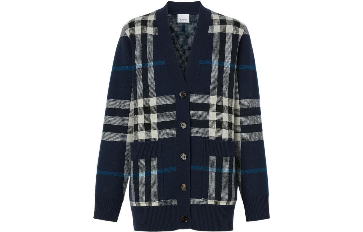 (Women) Burberry FW22 Contrast Check V-Neck Wool Knit Cardigan  Dark Charcoal Blue 80590881