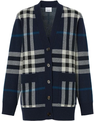 (Women) Burberry FW22 Contrast Check V-Neck Wool Knit Cardigan Dark Charcoal Blue 80590881 Order (Women) Burberry FW22 Contrast Check V-Neck Wool Knit Cardigan Dark Charcoal Blue 80590881