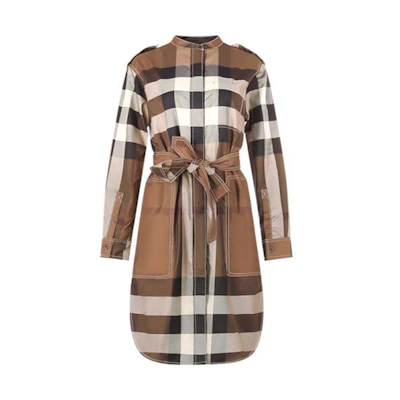 (Women) Burberry FW22 Plaid Loose Fit Long Sleeve Button-Up Dress Women’s Brown 80574391