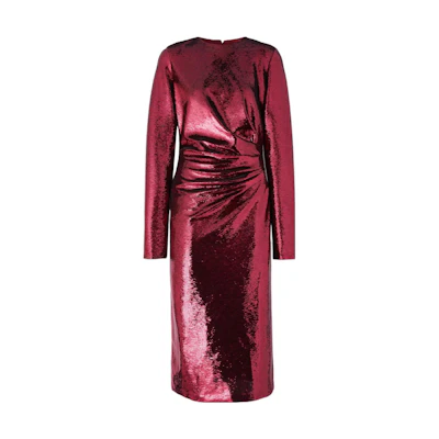 (Women) Burberry FW22 Sequin Ruched Waist Long Sleeve Dress Women’s Red 80547271
