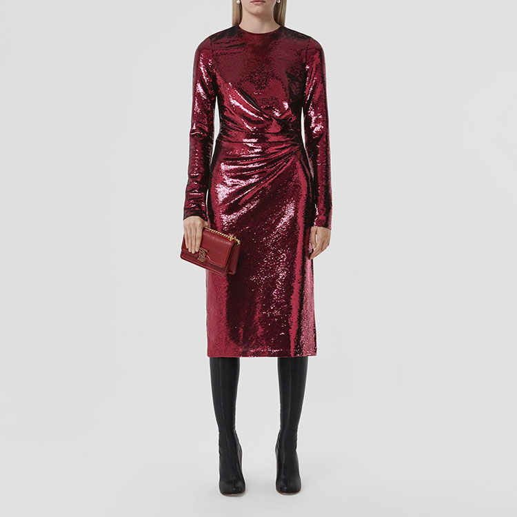 (Women) Burberry FW22 Sequin Ruched Waist Long Sleeve Dress Women’s Red 80547271 圖 3