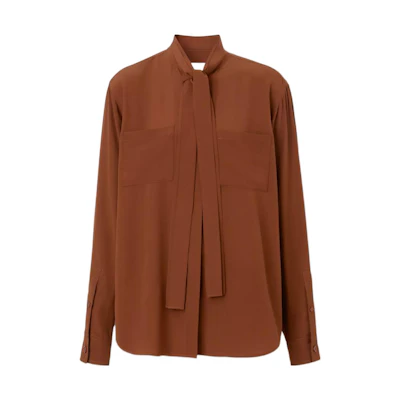 (Women) Burberry FW22 Solid Silk Ribbon Long-Sleeve Shirt Women Brown 80586561