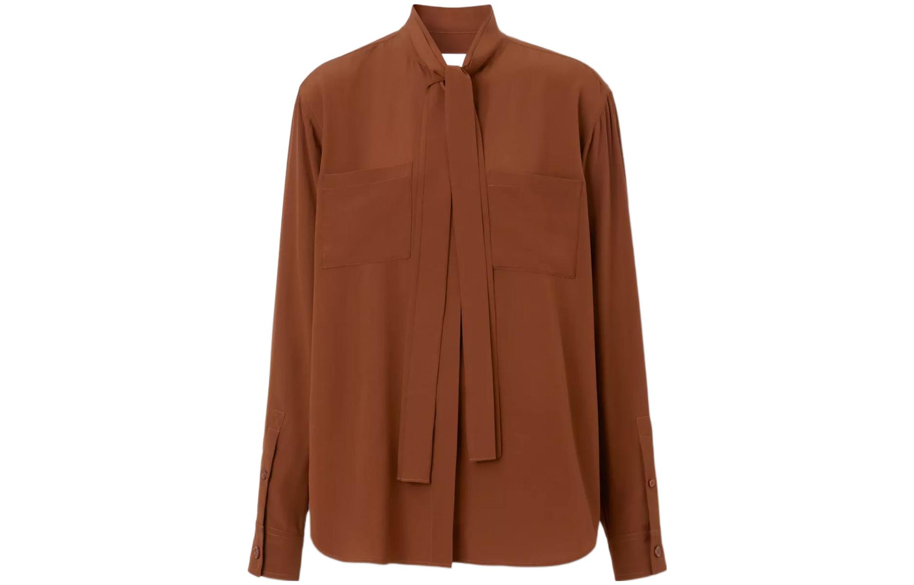 (Women) Burberry FW22 Solid Silk Ribbon Long-Sleeve Shirt Women Brown 80586561 圖 2